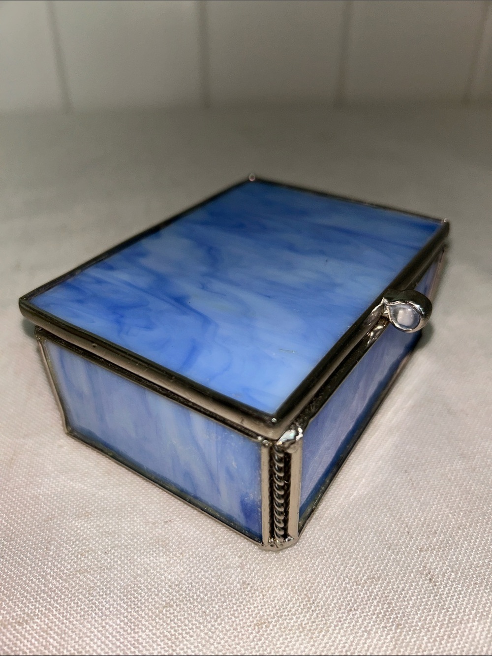 Vintage Blue Stained Glass Trinket Box milky swirl blue glass silver trim